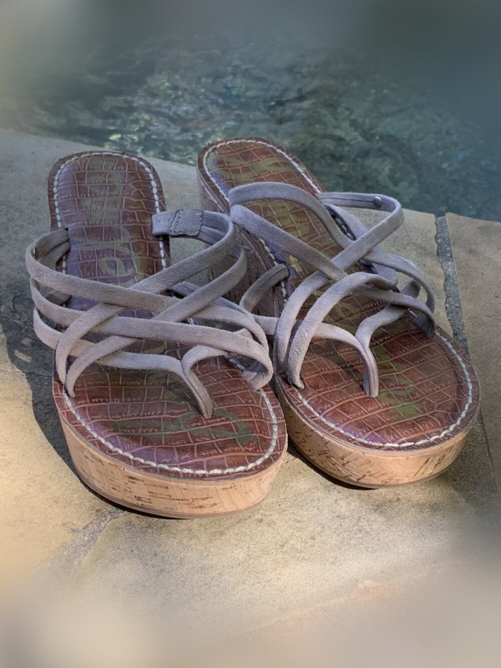 Sam Edelman Reana Suede Strappy Thong Cork Wedge Sandals Sz 8.5
